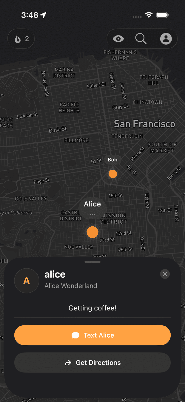 Beacon app — friends out on the map with directions